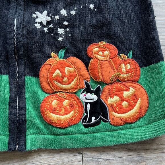 Halloween Sweater Vintage 90s Spooky Kitschy Festive Large Patch Black Orange - Picture 7 of 10